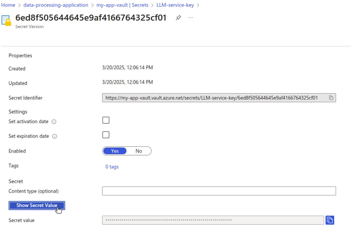 Azure Key Vault UI showing how to view the value of a selected secret. Azure Key Vault UI showing how to view the value of a selected secret.